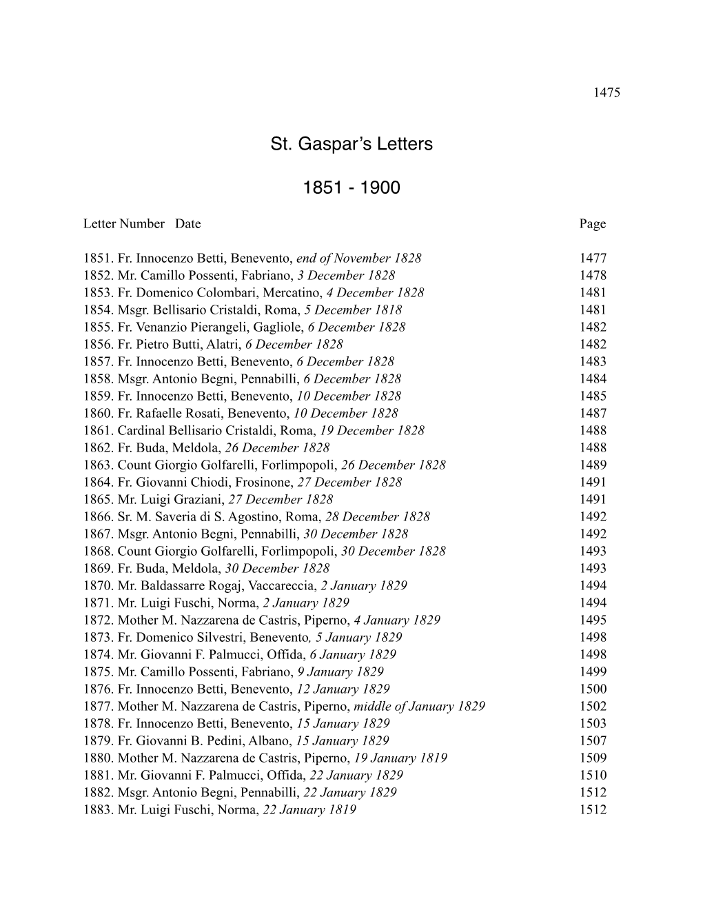 St. Gaspar's Letters 1851