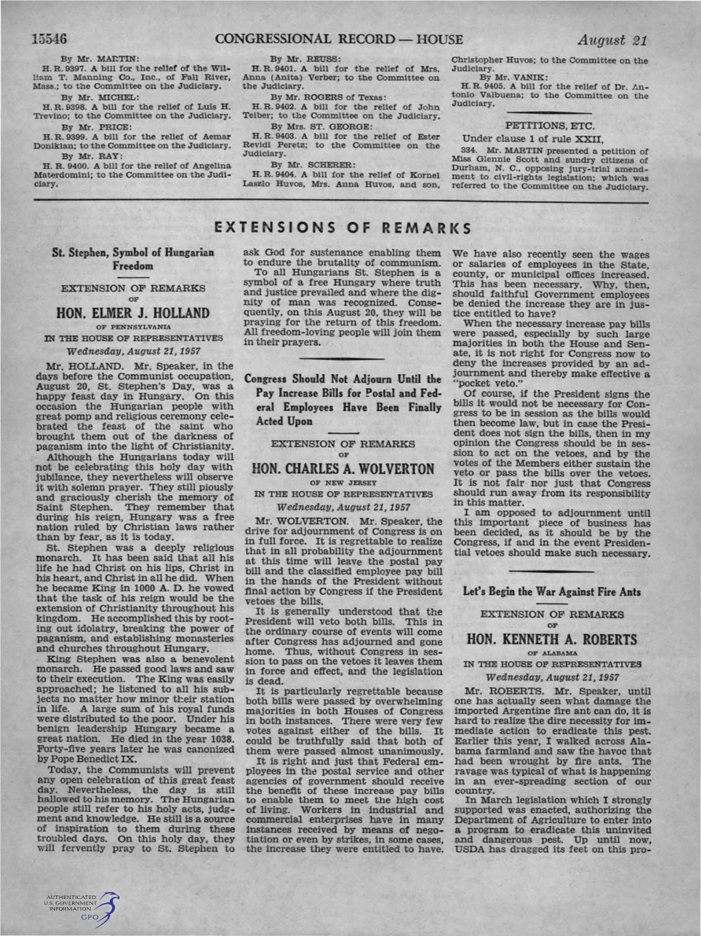 Extensions of Remarks Hon. Elmer J. Holland Hon