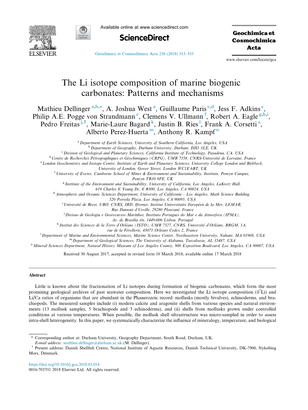 The Li Isotope Composition of Marine Biogenic Carbonates: Patterns and Mechanisms