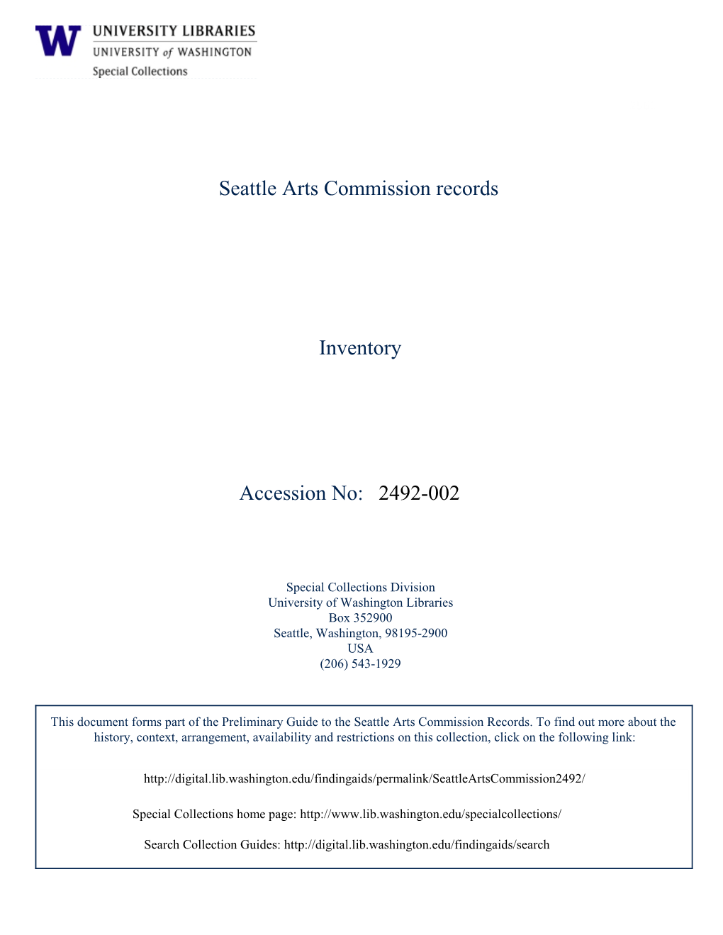 2492-002 Seattle Arts Commission Records Inventory Accession