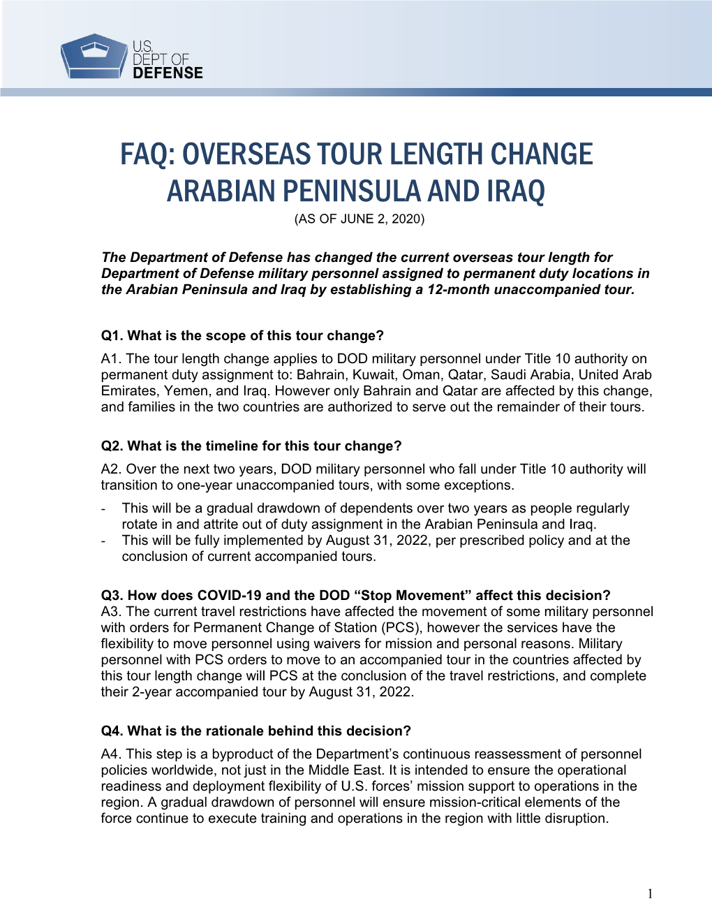 Faq: Overseas Tour Length Change Arabian Peninsula and Iraq (As of June 2, 2020)