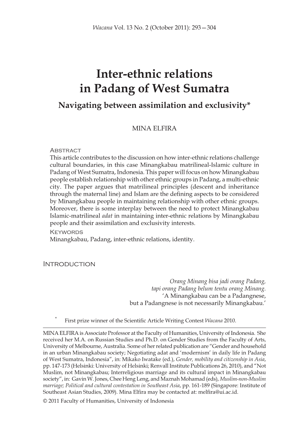 Inter-Ethnic Relations in Padang of West Sumatra Navigating Between Assimilation and Exclusivity*