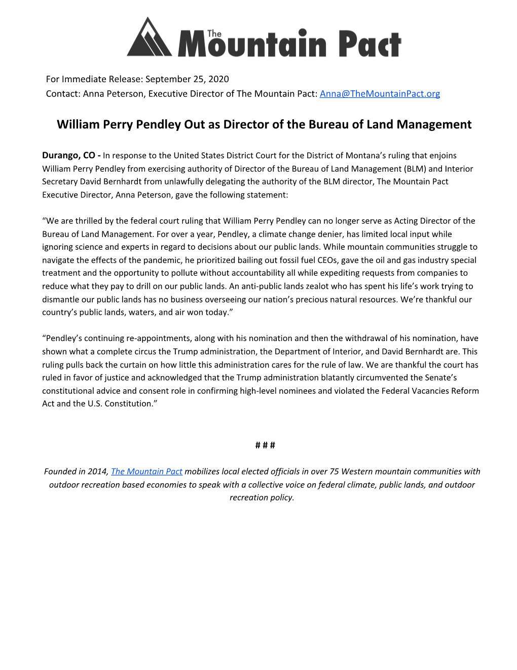 William Perry Pendley out As Director of the Bureau of Land Management