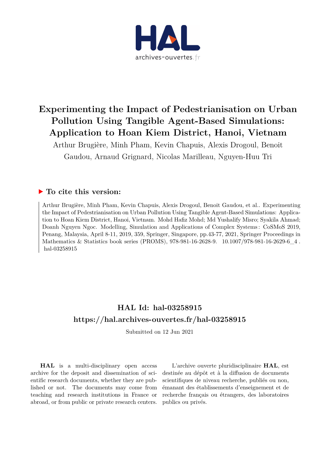 Experimenting the Impact of Pedestrianisation on Urban Pollution Using Tangible Agent-Based Simulations: Application to Hoan