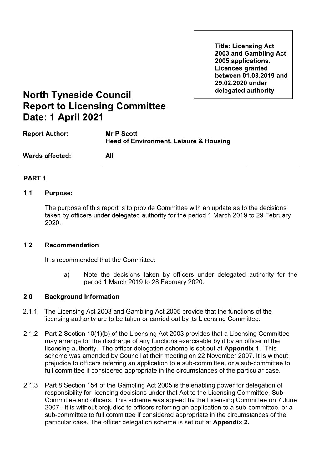 North Tyneside Council Report to Licensing Committee Date: 1 April