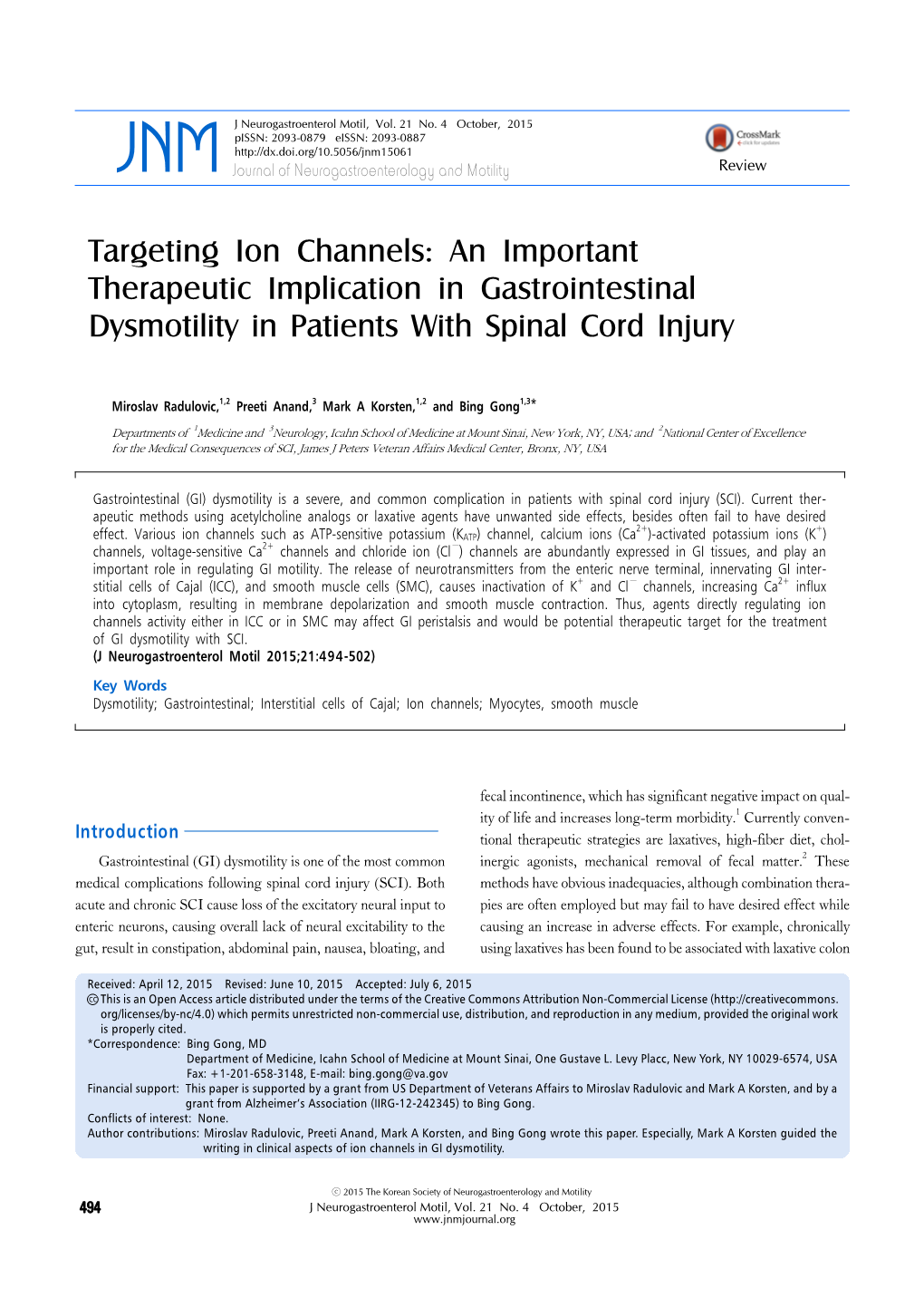 Targeting Ion Channels: an Important Therapeutic Implication in Gastrointestinal Dysmotility in Patients with Spinal Cord Injury