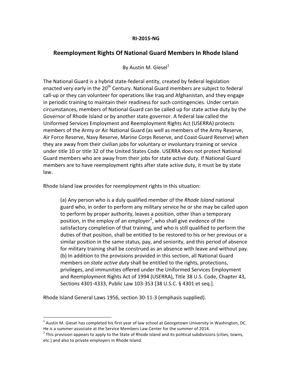 Reemployment Rights of National Guard Members in Rhode Island