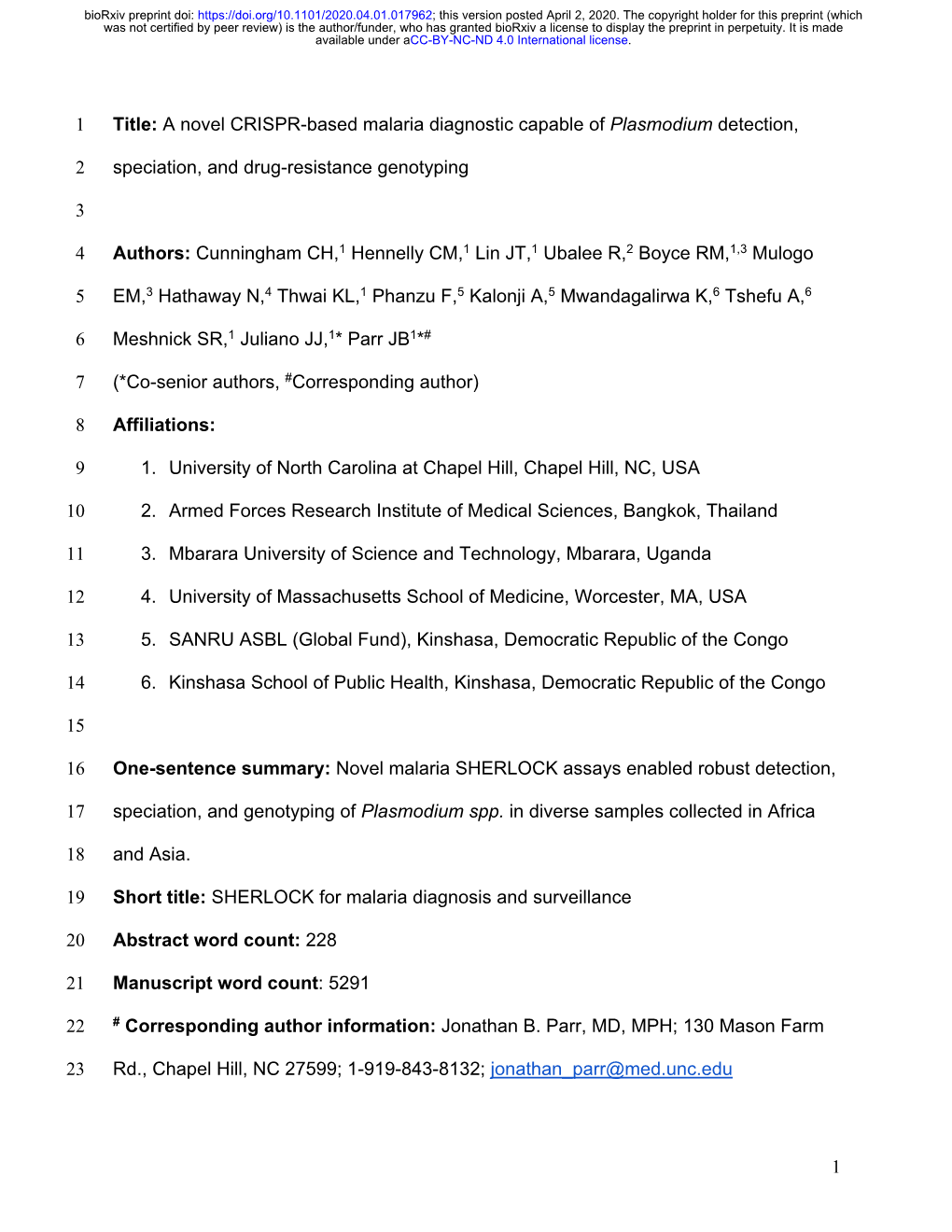 A Novel CRISPR-Based Malaria Diagnostic Capable of Plasmodium Detection