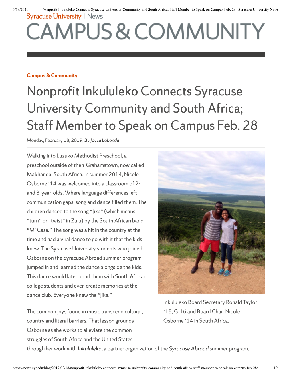 Nonprofit Inkululeko Connects Syracuse University Community and South Africa; Staff Member to Speak on Campus Feb