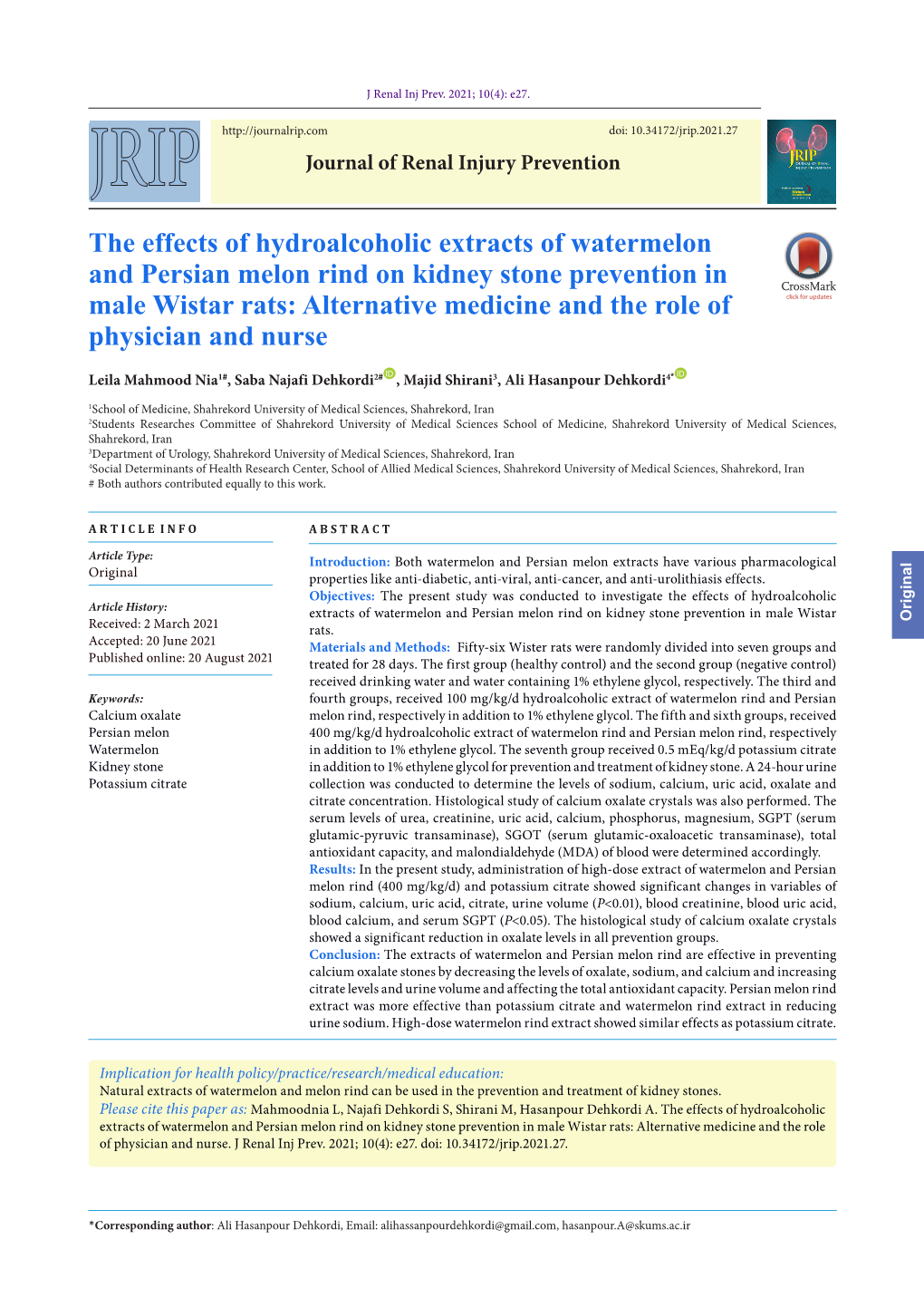 The Effects of Hydroalcoholic Extracts of Watermelon and Persian Melon