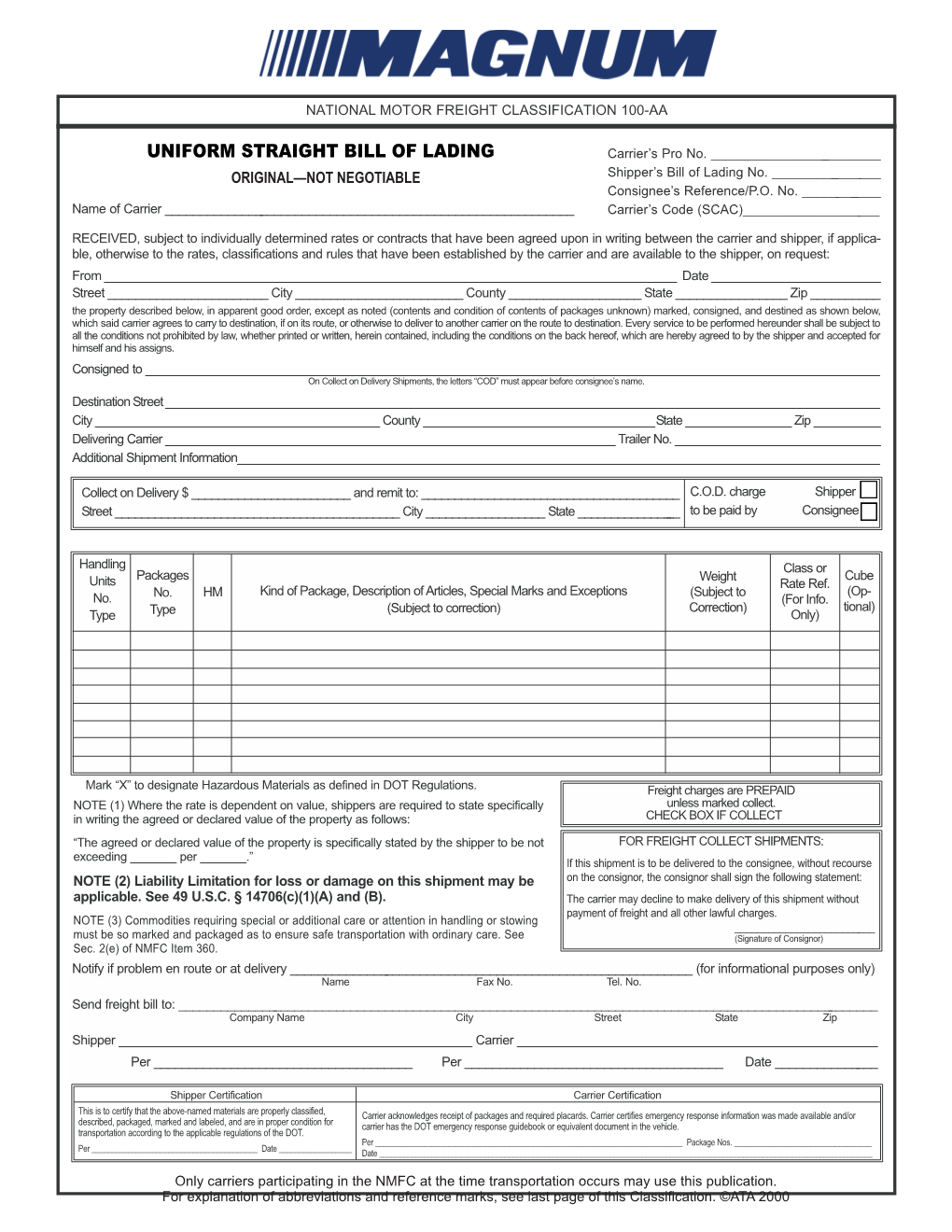 UNIFORM STRAIGHT BILL of LADING Carrier’S Pro No