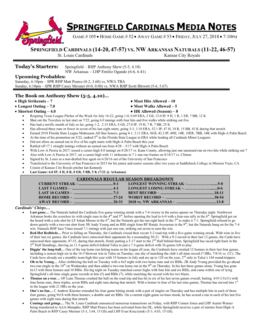 Springfield Cardinals Media Notes Game # 105  Home Game # 52  Away Game # 53  Friday, July 27, 2018  7:10Pm