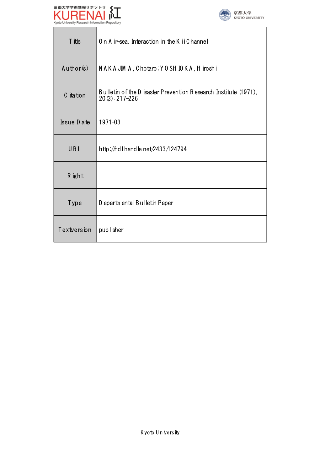 Title on Air-Sea, Interaction in the Kii Channel Author(S) NAKAJIMA, Chotaro; YOSHIOKA, Hiroshi Citation Bulletin of the Disaste