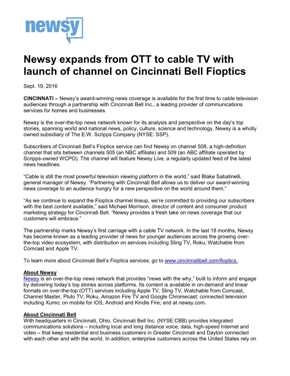 Newsy Expands from OTT to Cable TV with Launch of Channel on Cincinnati Bell Fioptics