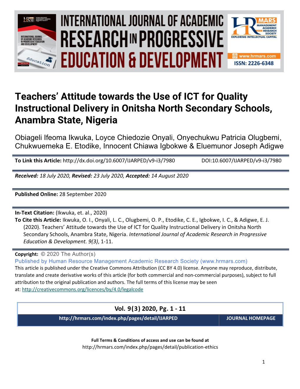 Teachers' Attitude Towards the Use of ICT for Quality Instructional Delivery in Onitsha North Secondary Schools, Anambra State