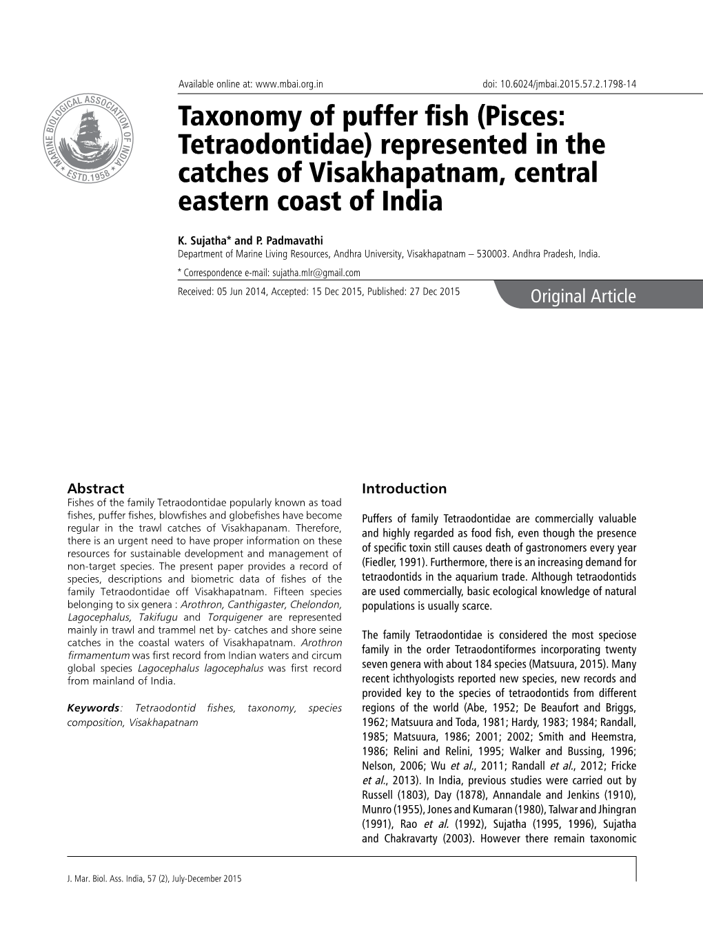 Taxonomy of Puffer Fish (Pisces: Tetraodontidae) Represented in the Catches of Visakhapatnam, Central Eastern Coast of India