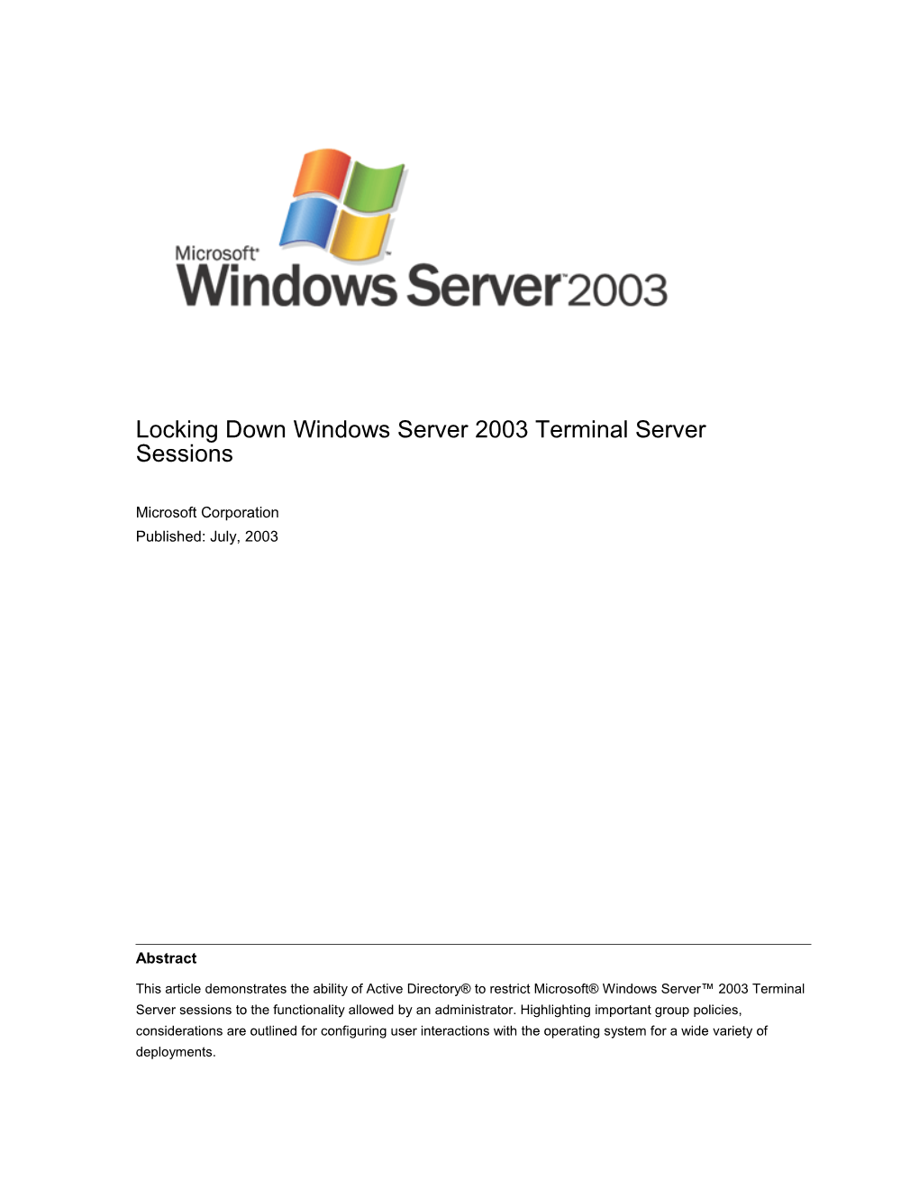 Locking Down Windows Server2003 Terminal Server Sessions