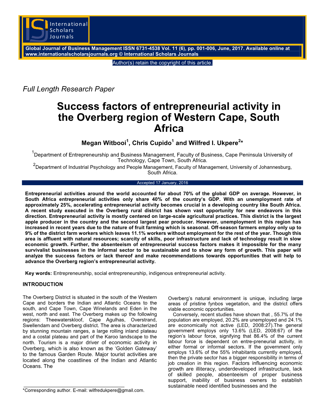 Success Factors of Entrepreneurial Activity in the Overberg Region of Western Cape, South Africa