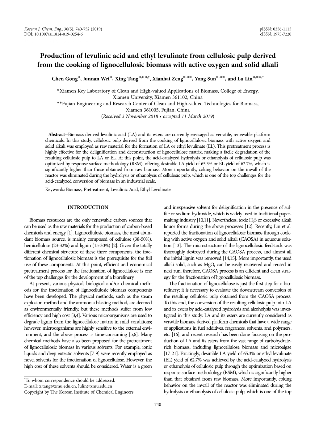 Production of Levulinic Acid and Ethyl Levulinate from Cellulosic Pulp Derived from the Cooking of Lignocellulosic Biomass with Active Oxygen and Solid Alkali