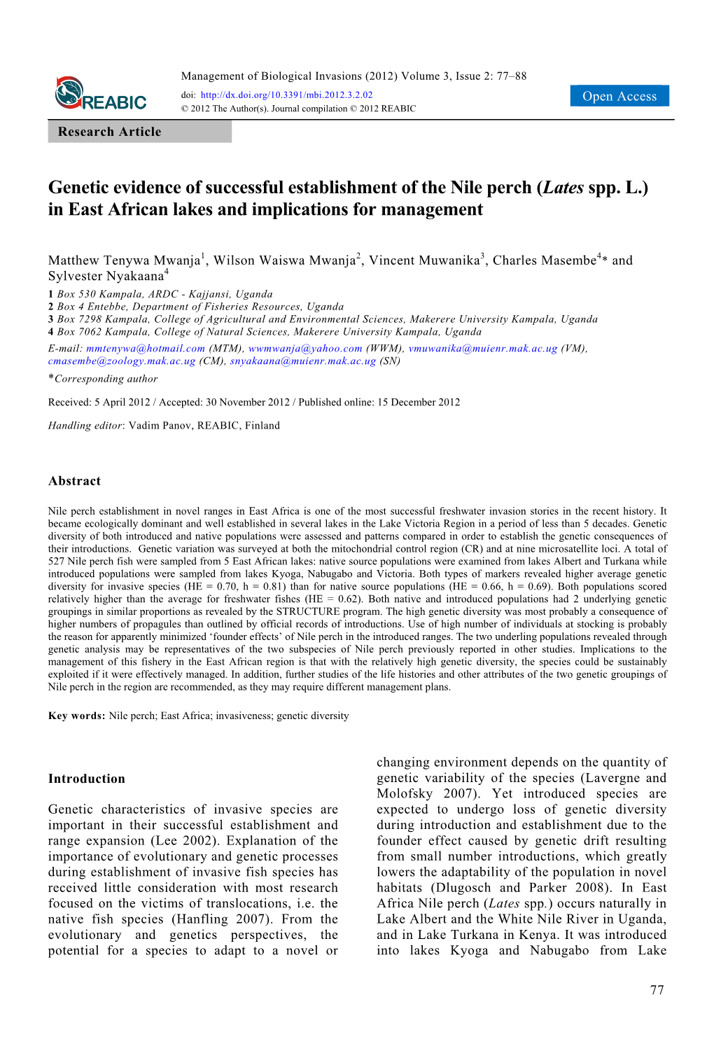 Genetic Evidence of Successful Establishment of the Nile Perch (Lates Spp