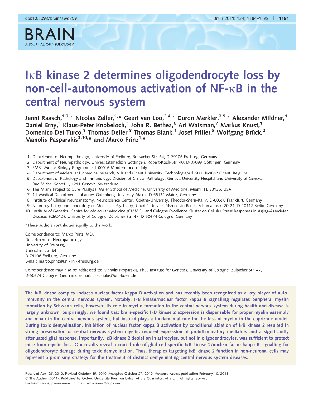 Ikb Kinase 2 Determines Oligodendrocyte Loss by Non-Cell-Autonomous Activation of NF-Kb in the Central Nervous System