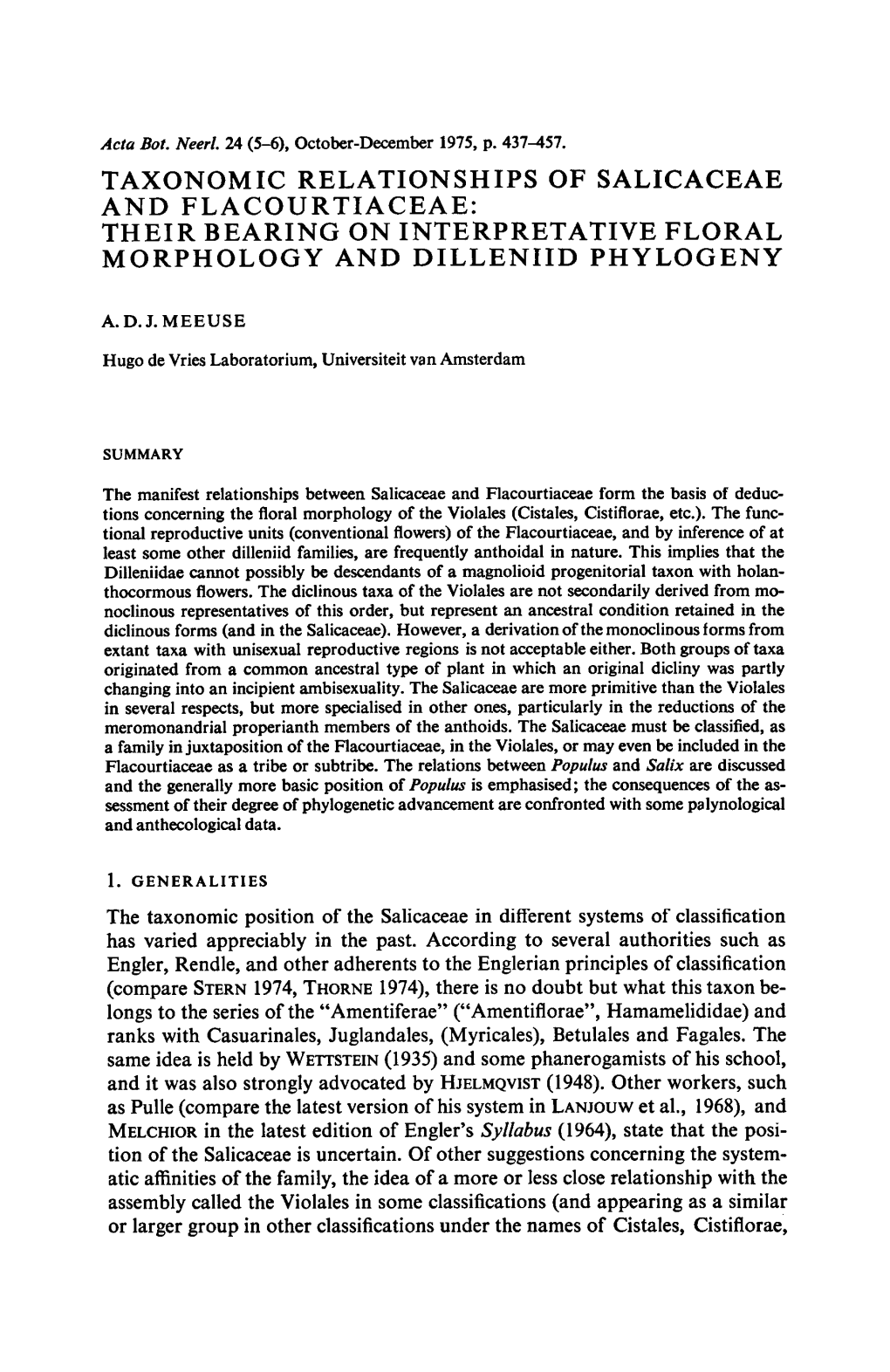 Taxonomic Relationships of Salicaceae Flacourtiaceae: Their