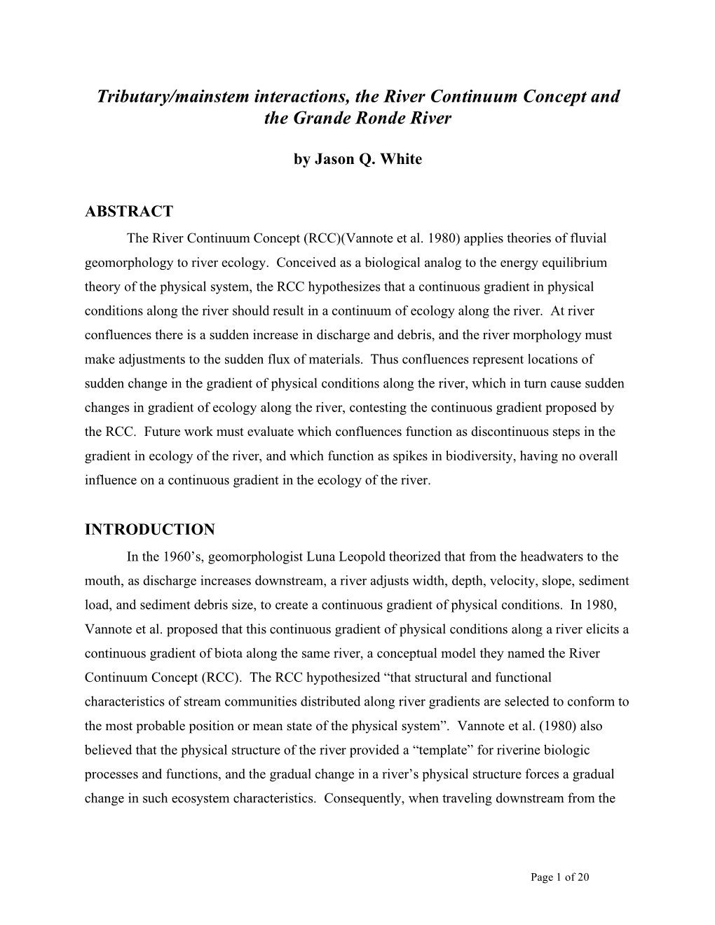 Tributary/Mainstem Interactions, the River Continuum Concept and the Grande Ronde River