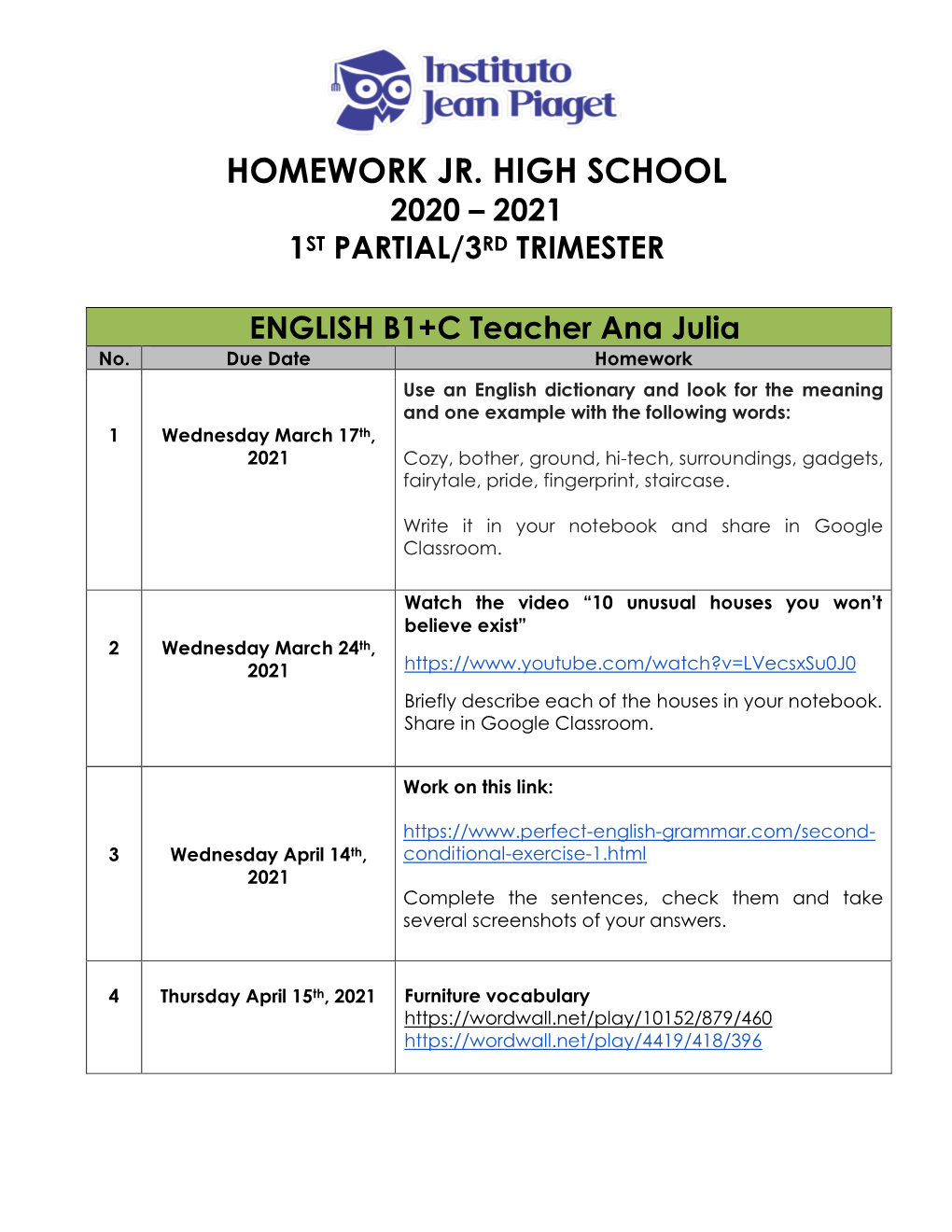 Homework Jr. High School 2020 – 2021 1St Partial/3Rd Trimester