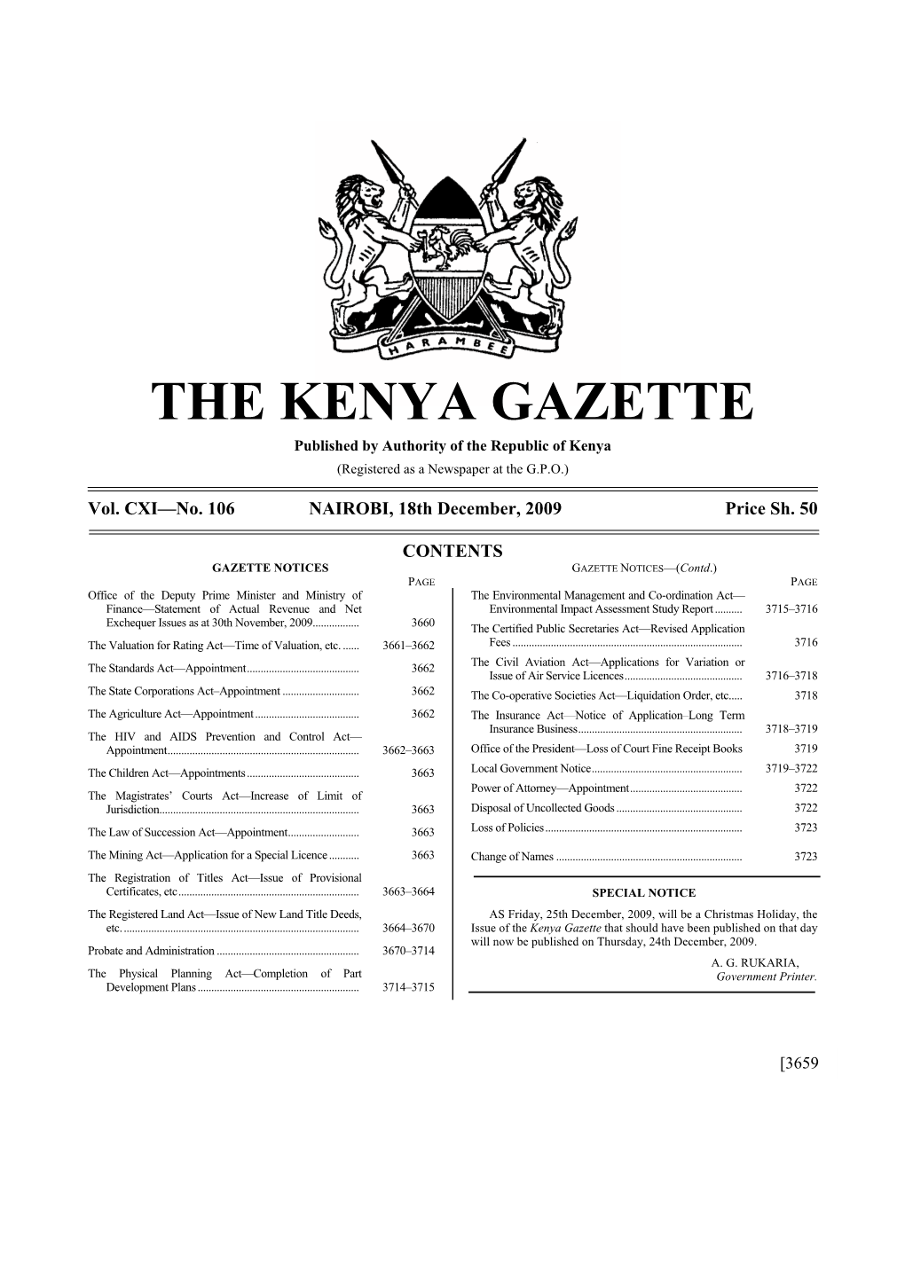 THE KENYA GAZETTE Published by Authority of the Republic of Kenya (Registered As a Newspaper at the G.P.O.)