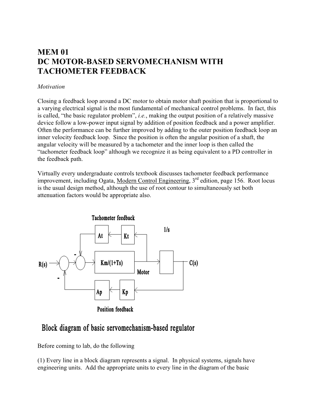 Mem 01 Dc Motor-Based Servomechanism with Tachometer Feedback