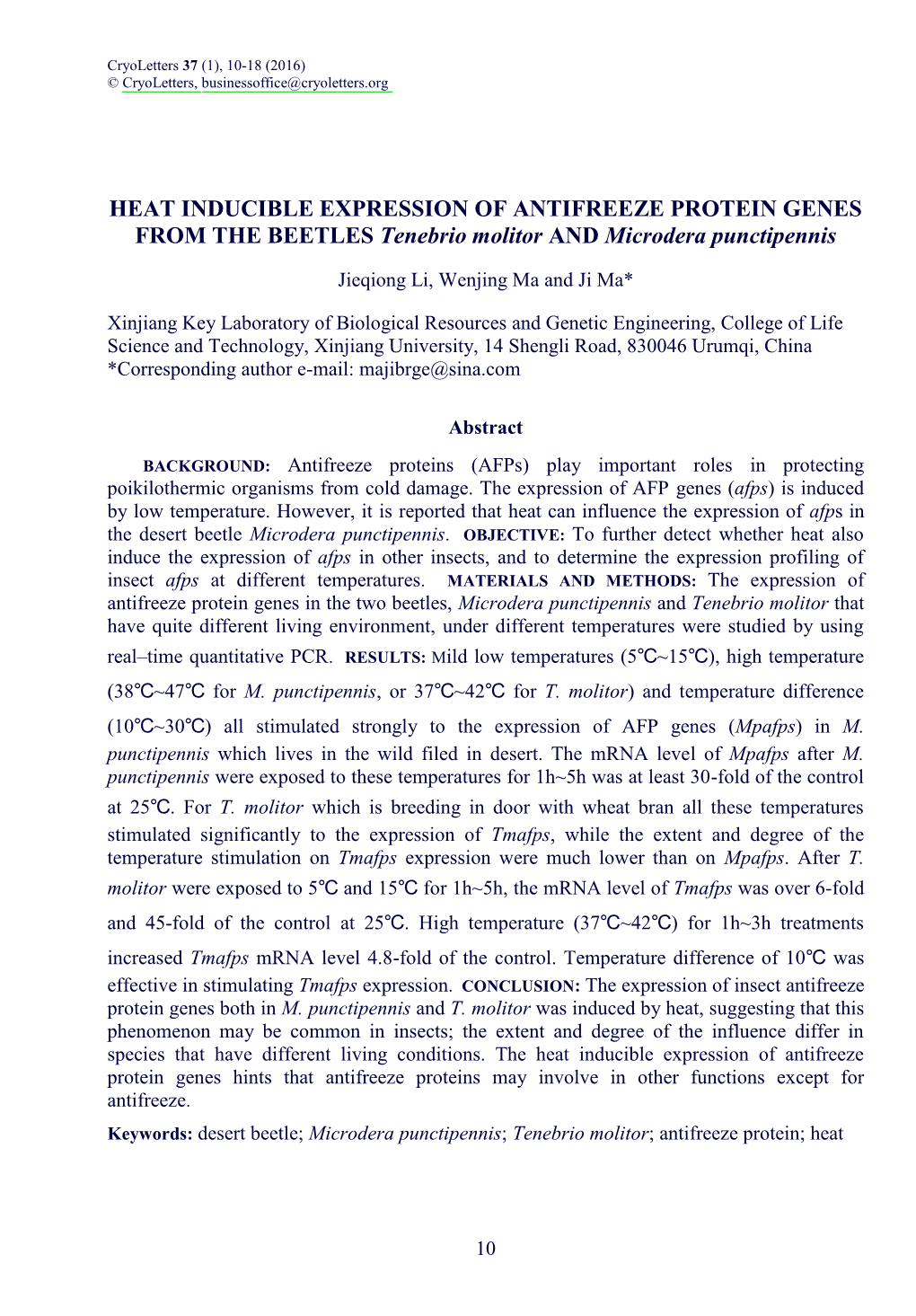 HEAT INDUCIBLE EXPRESSION of ANTIFREEZE PROTEIN GENES from the BEETLES Tenebrio Molitor and Microdera Punctipennis