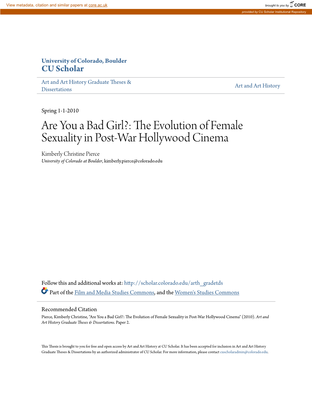 Are You a Bad Girl?: the Evolution of Female Sexuality in Post-War