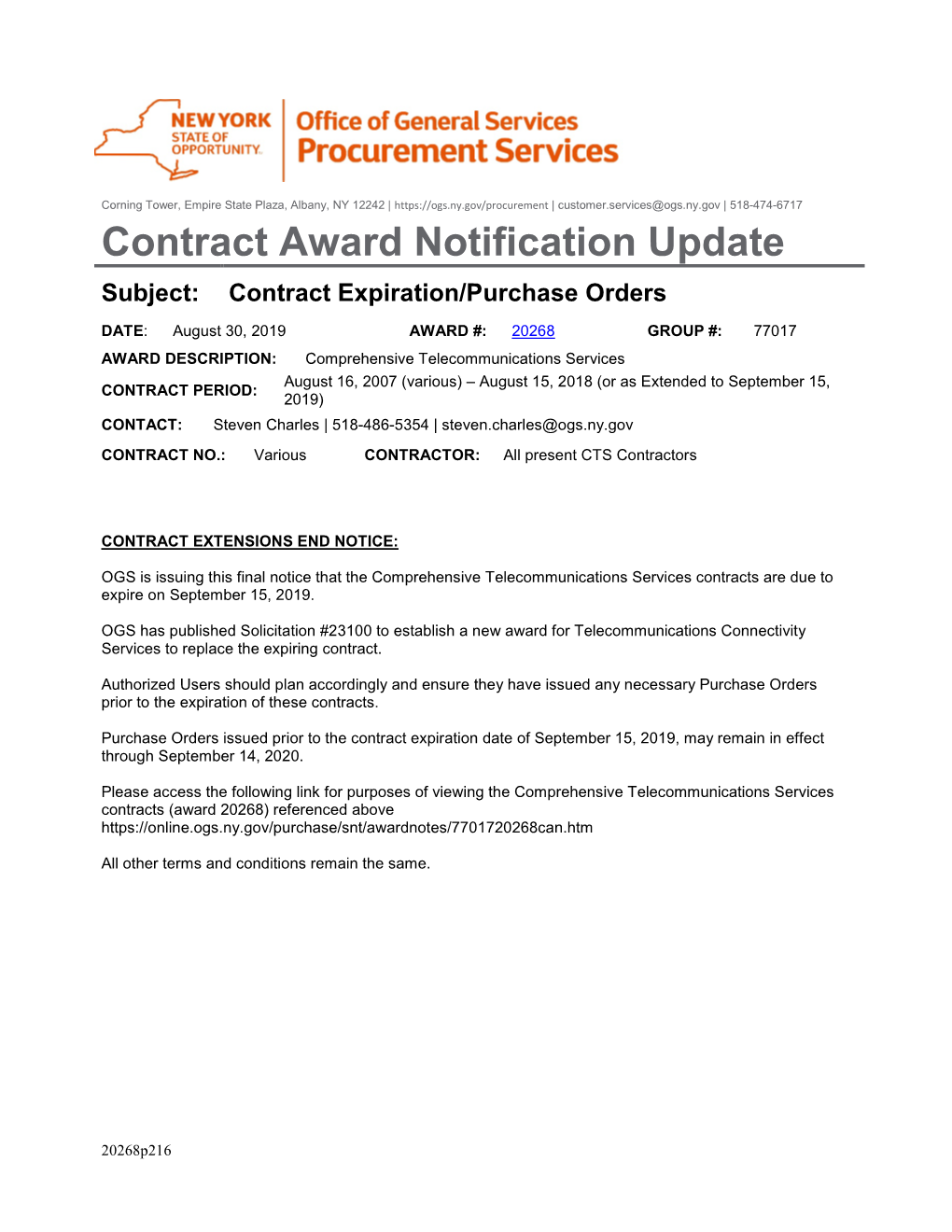 77017 20268 Comprehensive Telecommunications Services, Contract Updates