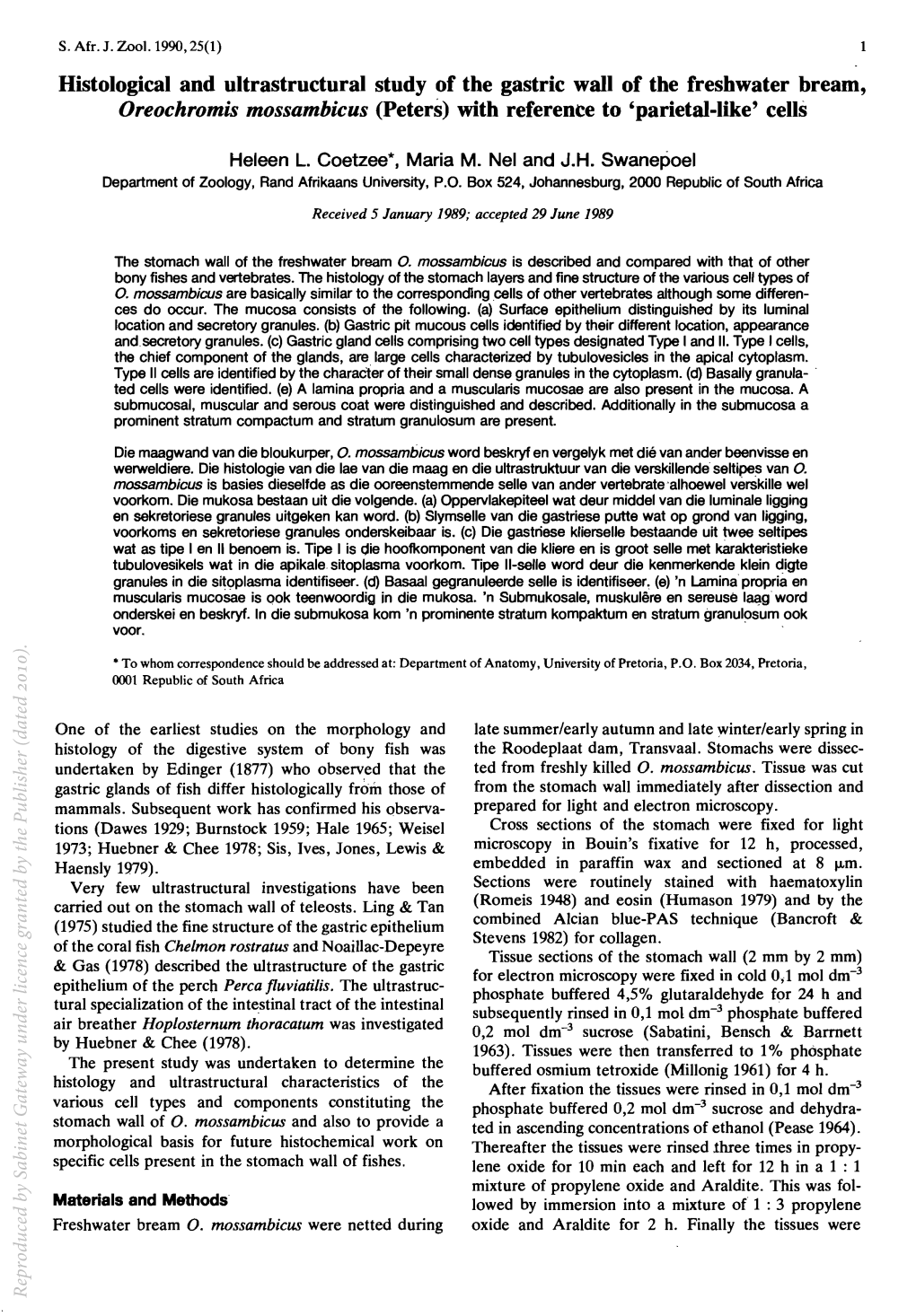 Histological and Ultrastructural Study of the Gastric Wall of the Freshwater Bream, Oreochromis Mossambicus (Peters) with Reference to 'Parietal-Like' Cells