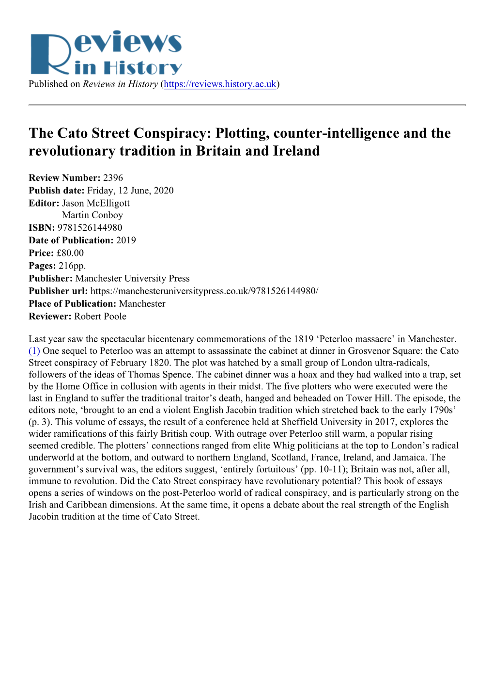 The Cato Street Conspiracy: Plotting, Counter-Intelligence and the Revolutionary Tradition in Britain and Ireland