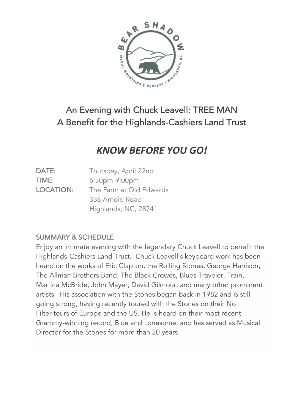 An Evening with Chuck Leavell: TREE MAN a Benefit for the Highlands-Cashiers Land Trust