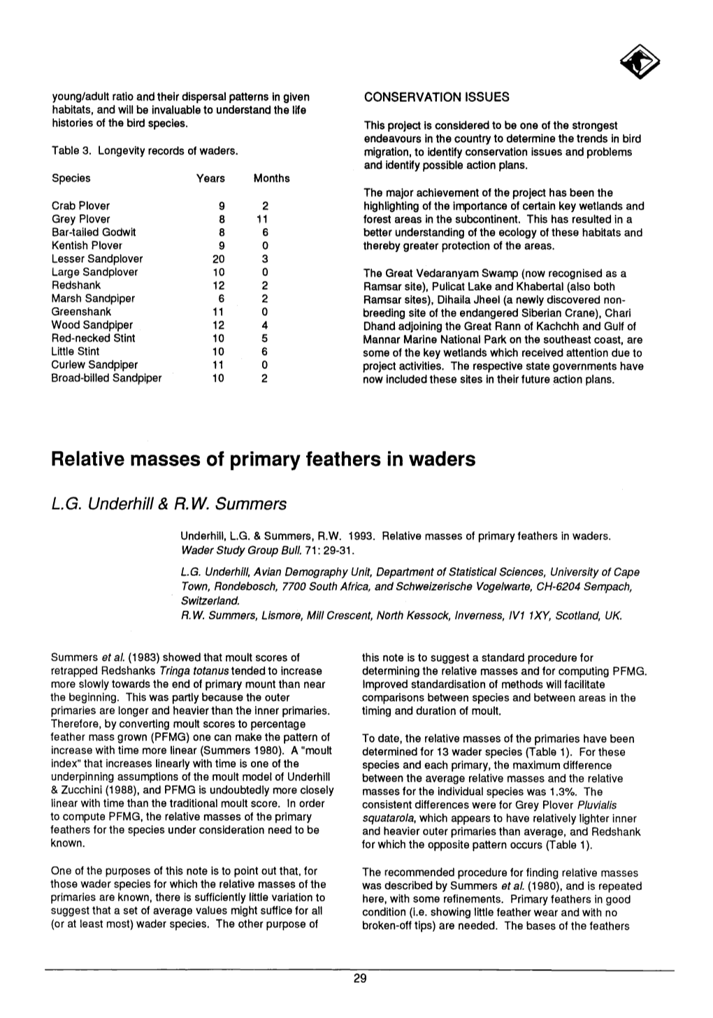 Relative Masses of Primary Feathers in Waders