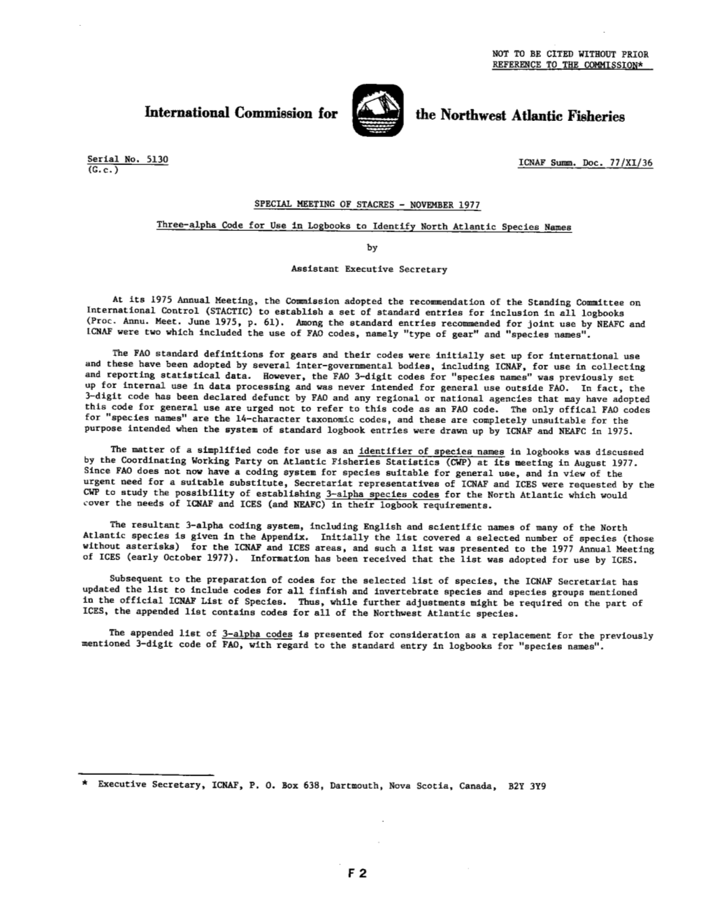 Three-Alpha Code for Use in Logbooks to Identify North Atlantic Species Names