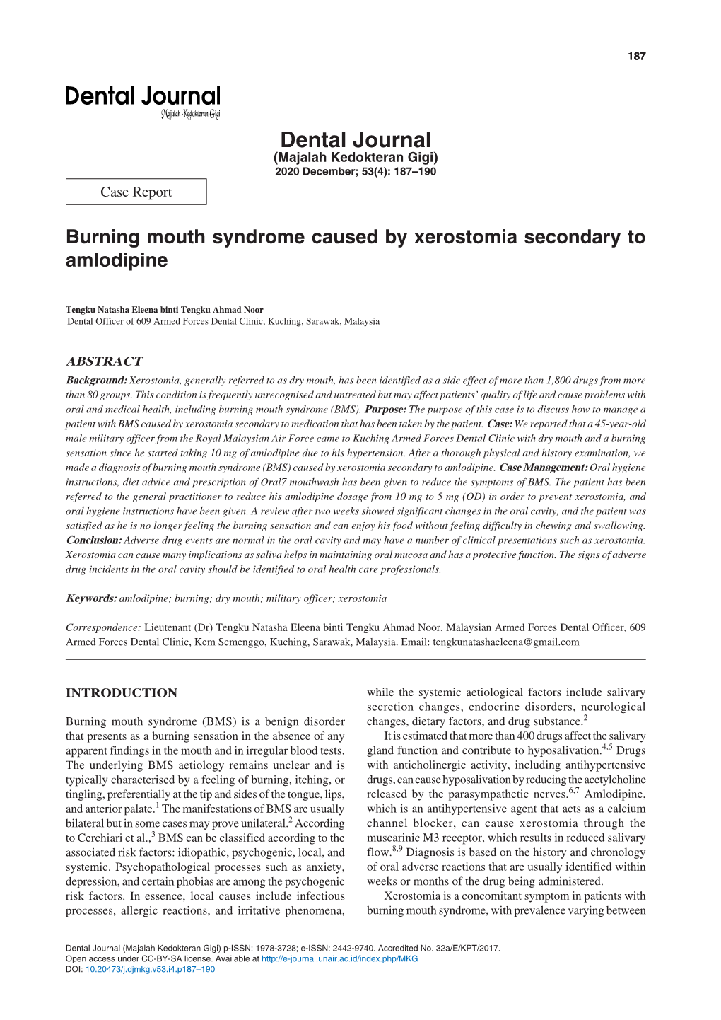 Dental Journal (Majalah Kedokteran Gigi) 2020 December; 53(4): 187–190 Case Report