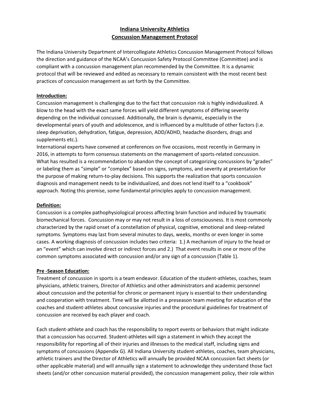 Indiana University Athletics Concussion Management Protocol