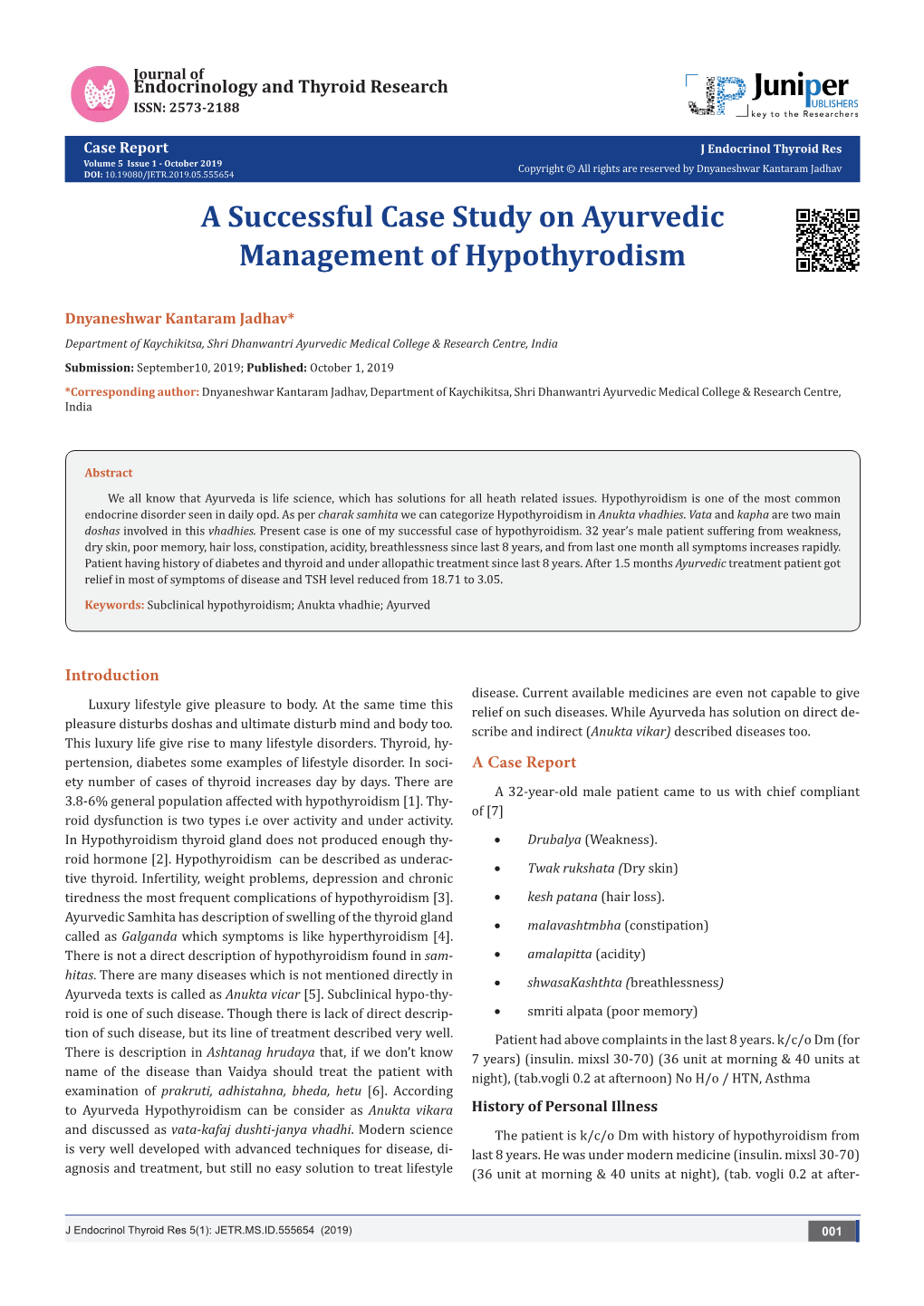 A Successful Case Study on Ayurvedic Management of Hypothyrodism