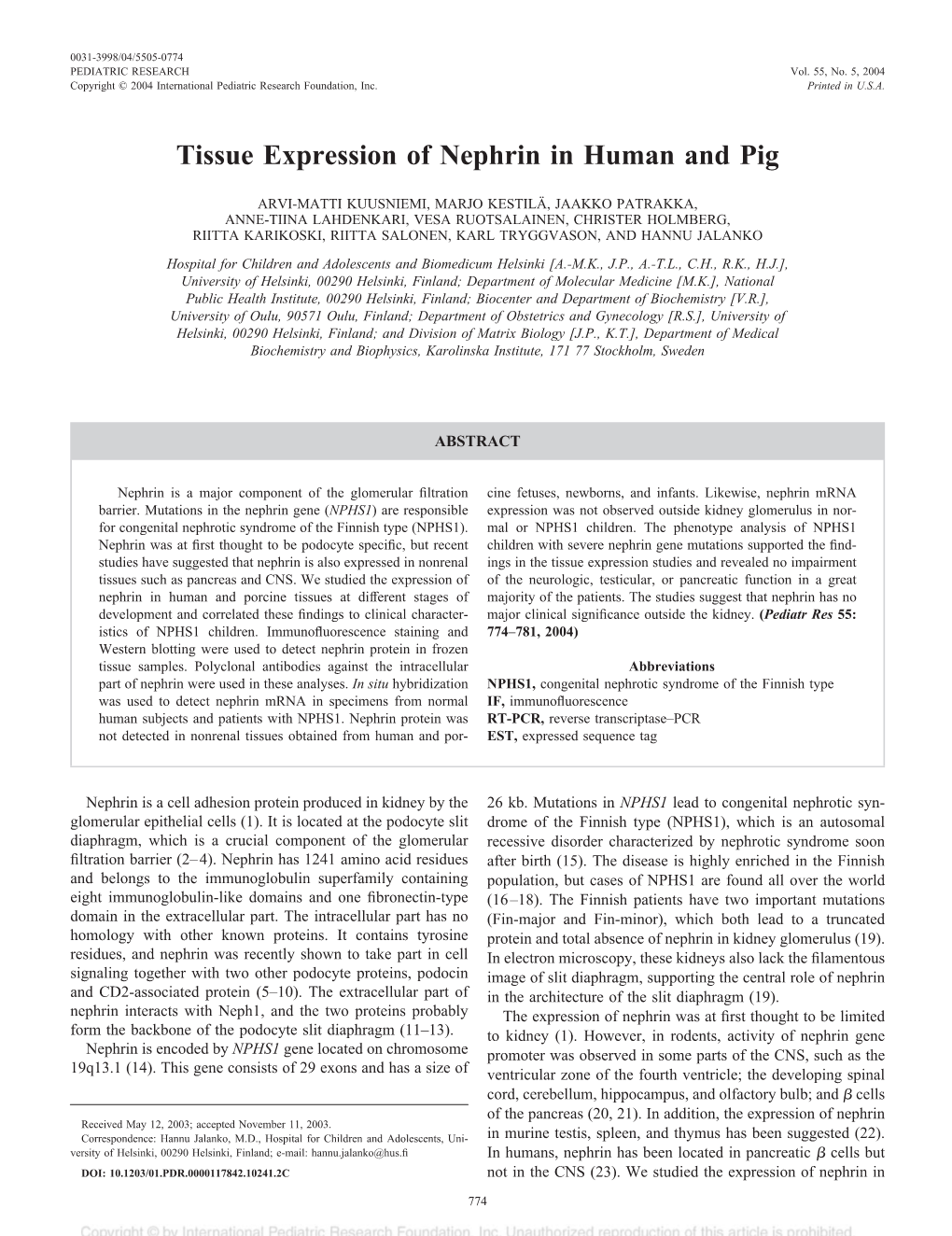 Tissue Expression of Nephrin in Human and Pig