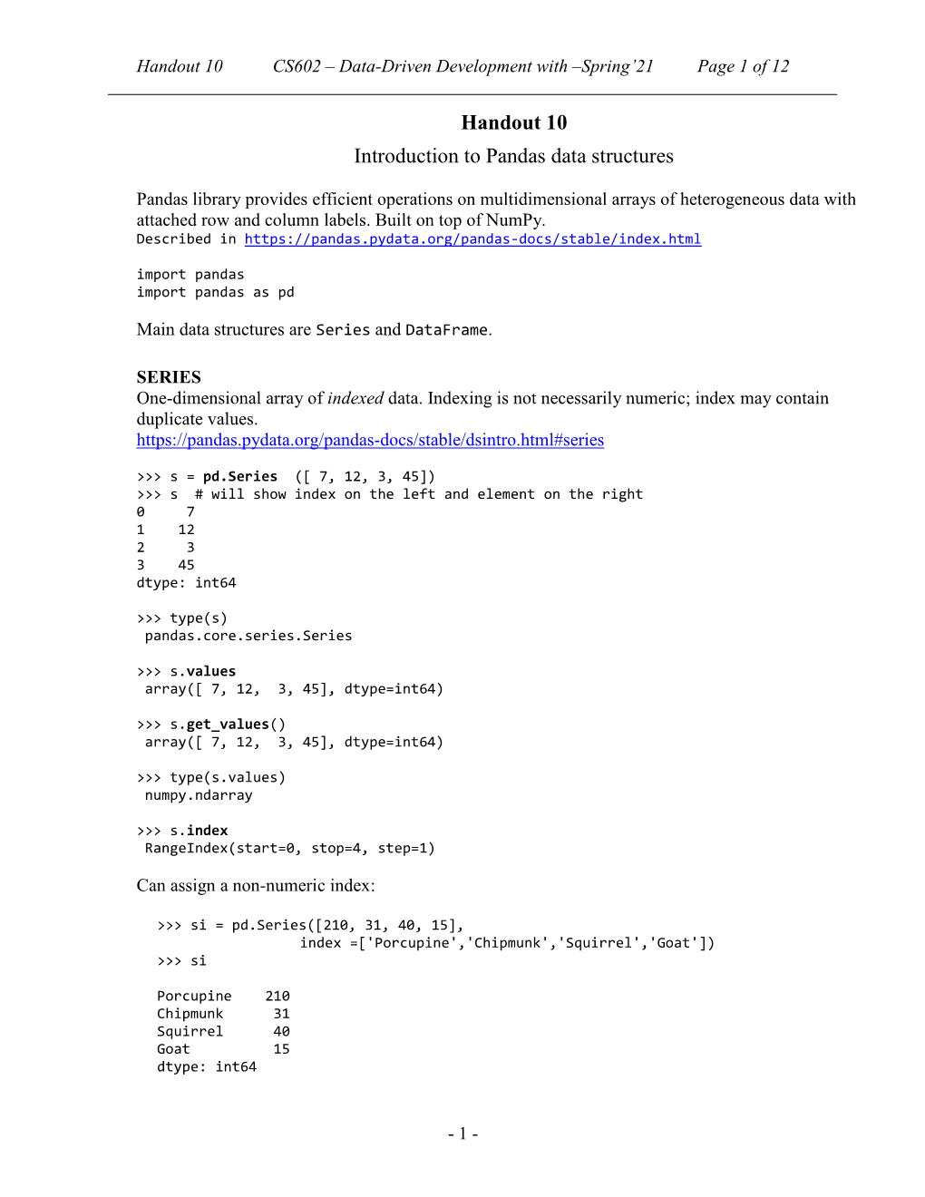 Handout 10 Introduction to Pandas Data Structures