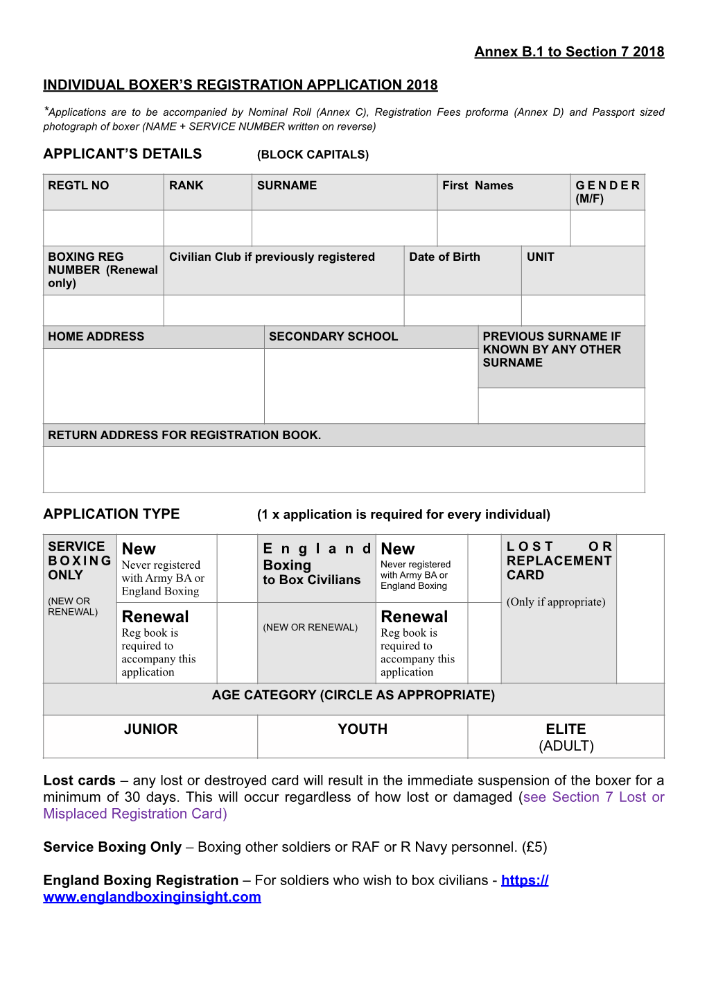 Boxers Registration and Declaration of Previous Experience