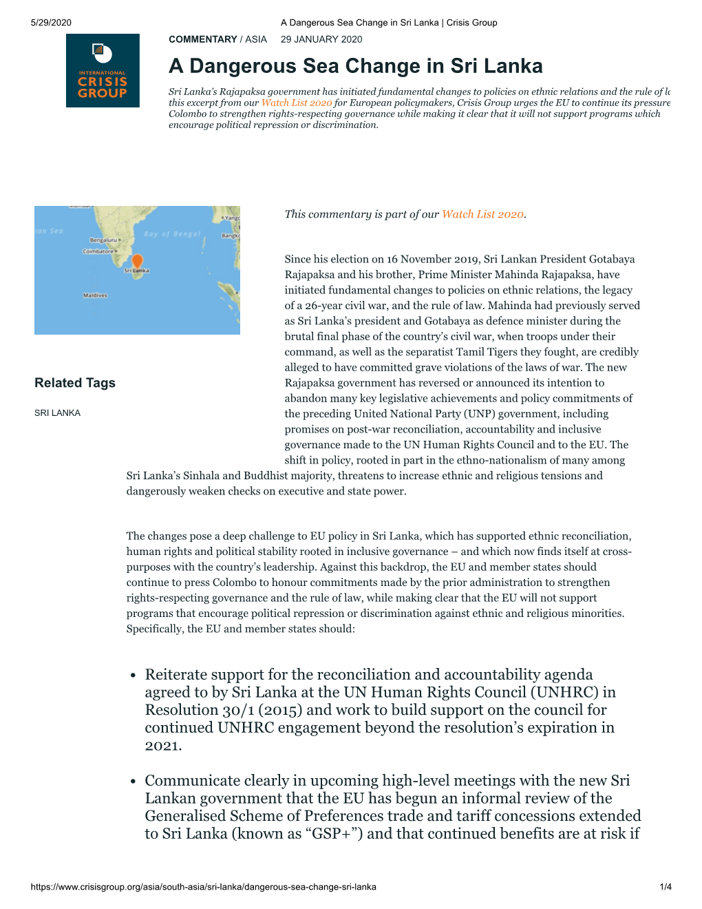 A Dangerous Sea Change in Sri Lanka | Crisis Group COMMENTARY / ASIA 29 JANUARY 2020 a Dangerous Sea Change in Sri Lanka