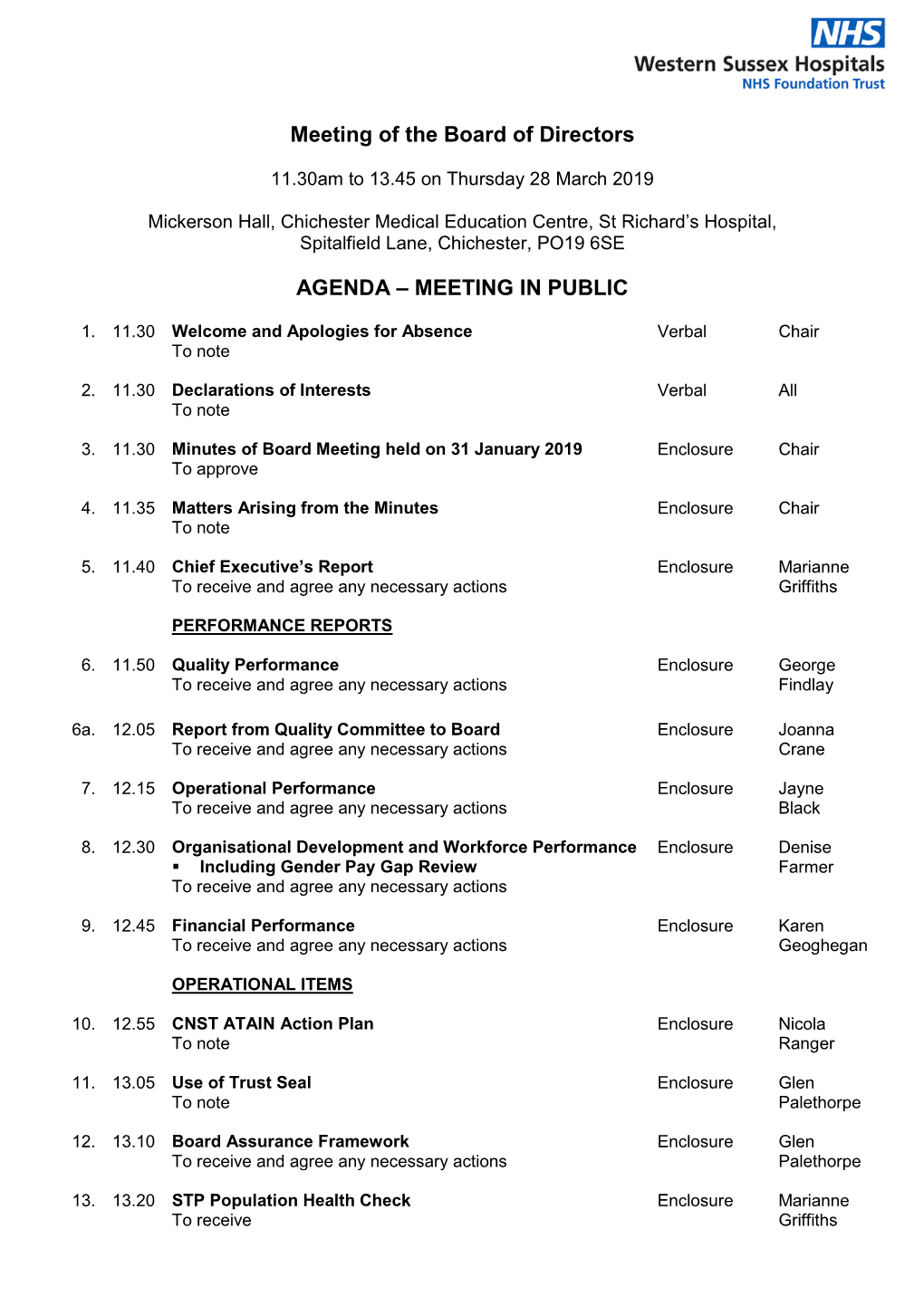 Meeting of the Board of Directors AGENDA – MEETING in PUBLIC