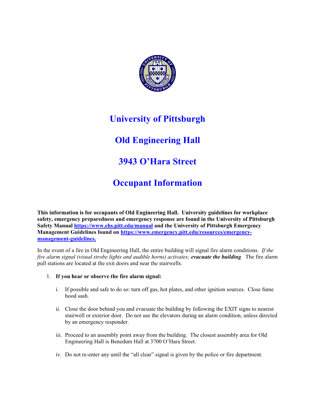University of Pittsburgh Old Engineering Hall 3943 O'hara