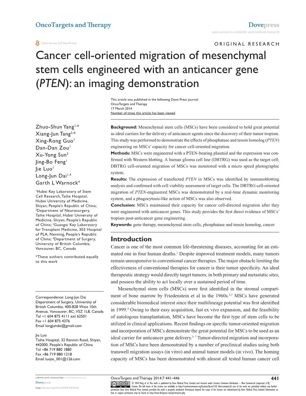 Cancer Cell-Oriented Migration of Mesenchymal Stem Cells Engineered with an Anticancer Gene (PTEN): an Imaging Demonstration