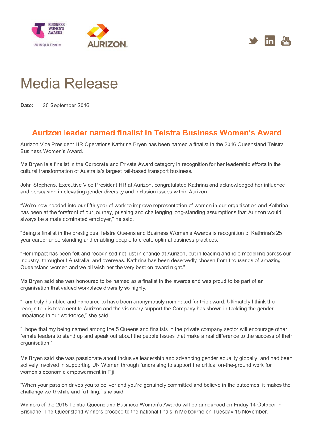 Telstra Business Womens Awards Aurizon Finalist Media Release