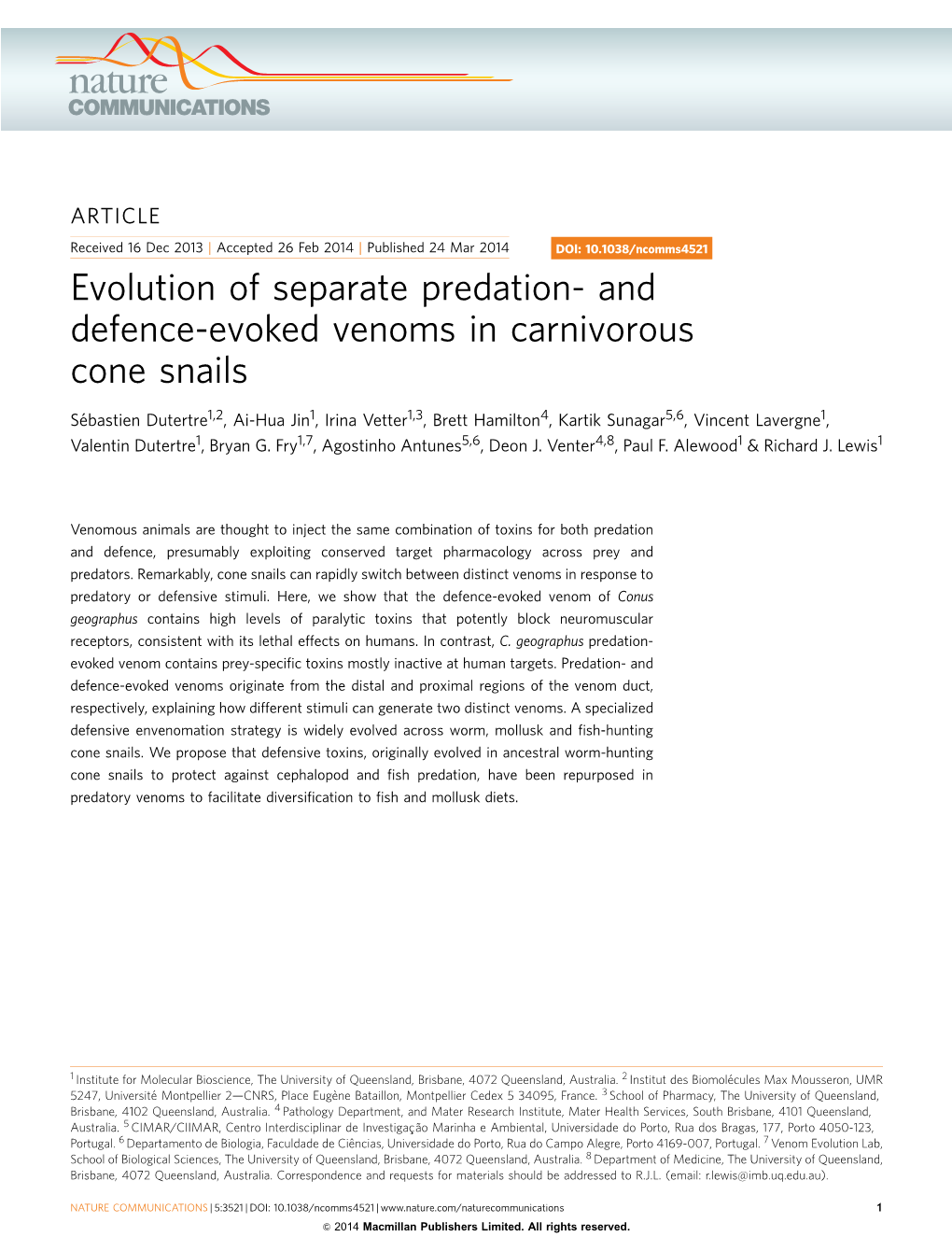 And Defence-Evoked Venoms in Carnivorous Cone Snails